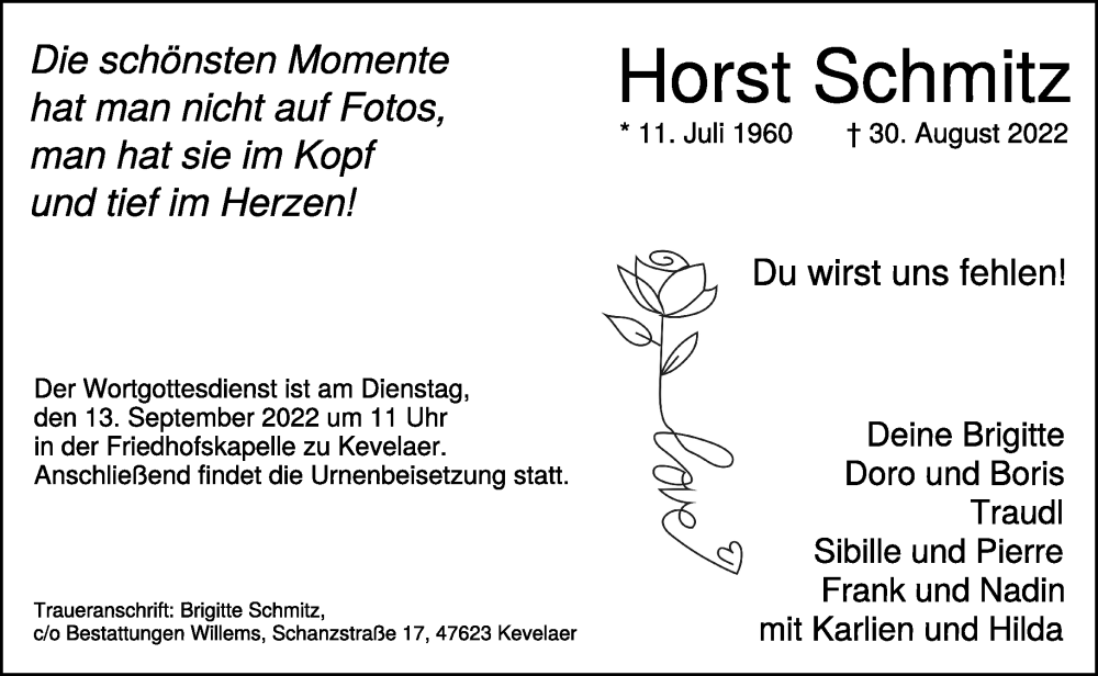  Traueranzeige für Horst Schmitz vom 10.09.2022 aus 