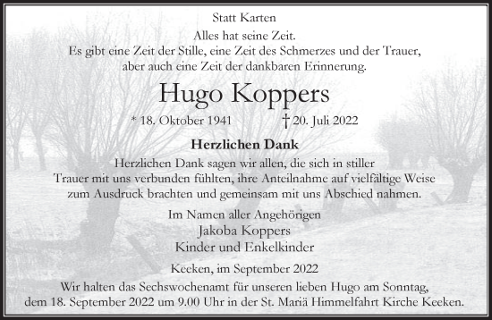 Traueranzeige von Hugo Koppers 