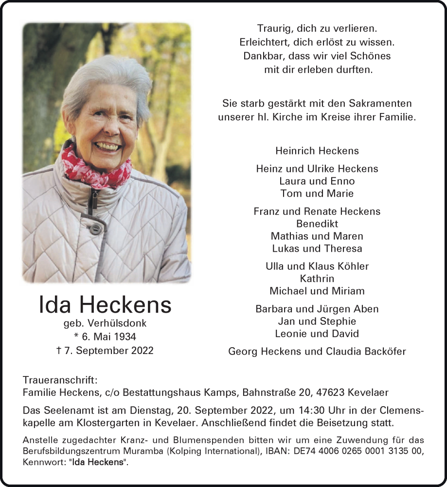  Traueranzeige für Ida Heckens vom 17.09.2022 aus 