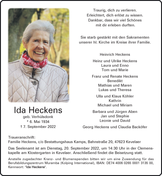 Traueranzeige von Ida Heckens 