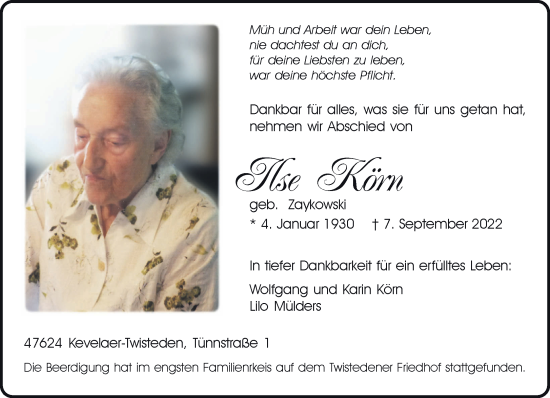 Traueranzeige von Ilse Körn 