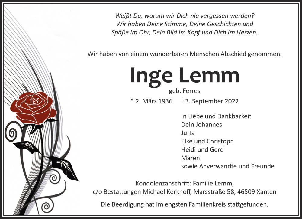  Traueranzeige für Inge Lemm vom 10.09.2022 aus 