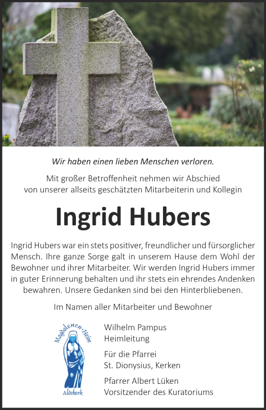 Traueranzeige von Ingrid Hubers 