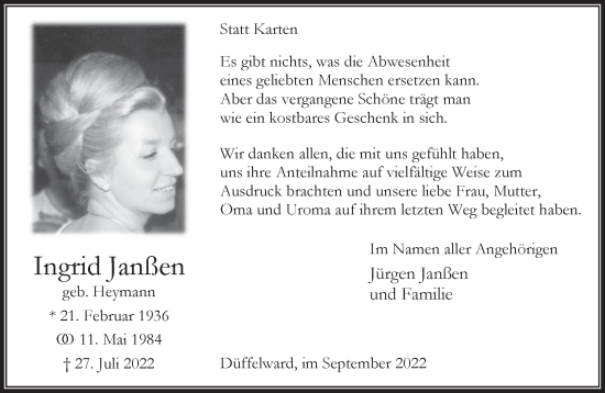 Traueranzeige von Ingrid Janßen 