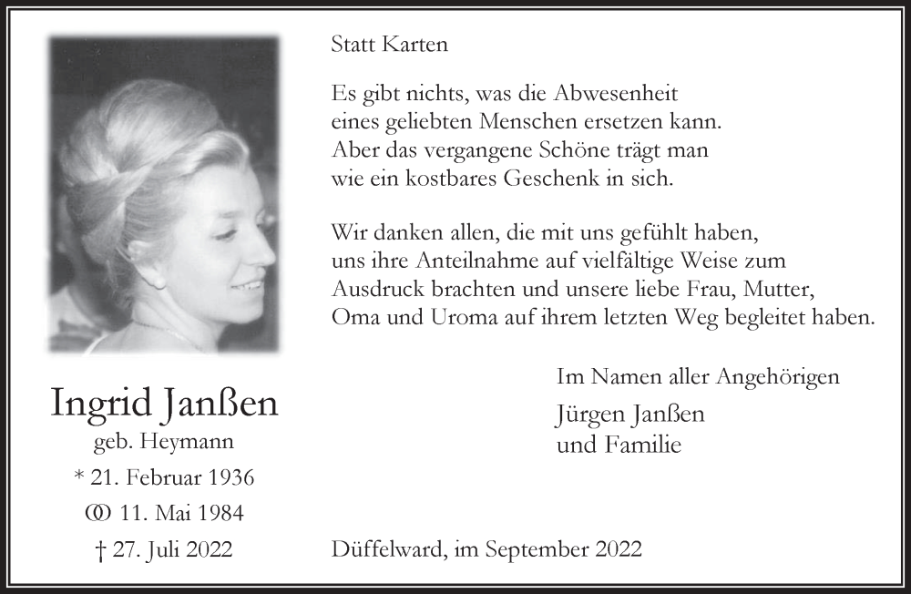  Traueranzeige für Ingrid Janßen vom 10.09.2022 aus 