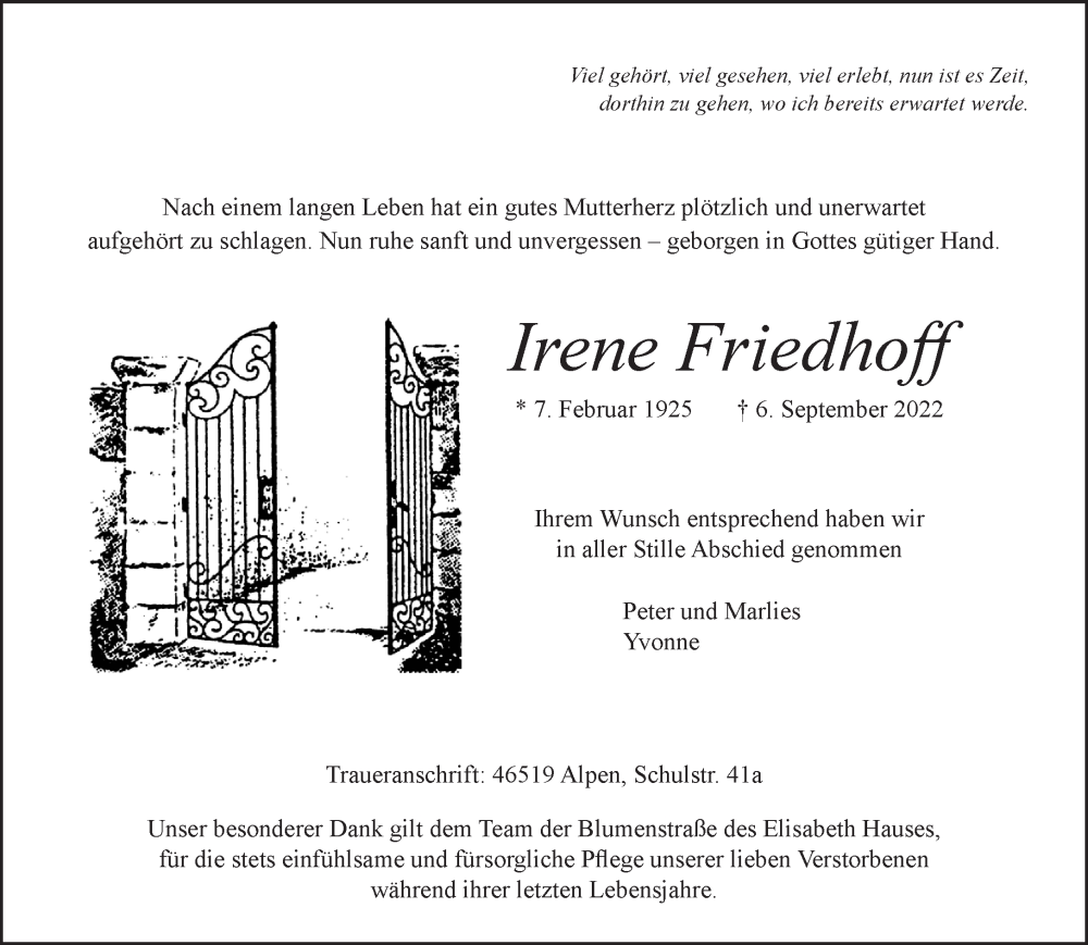  Traueranzeige für Irene Friedhoff vom 17.09.2022 aus 