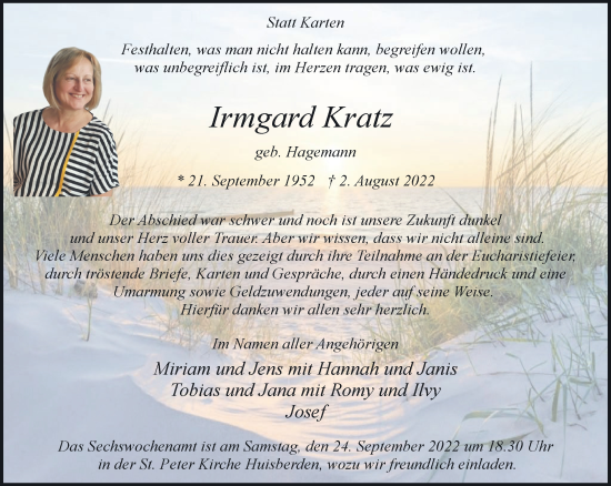Traueranzeige von Irmgard Kratz 