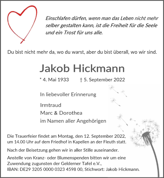 Traueranzeige von Jakob Hickmann 