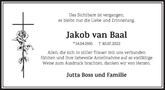 Traueranzeige von Jakob van Baal 