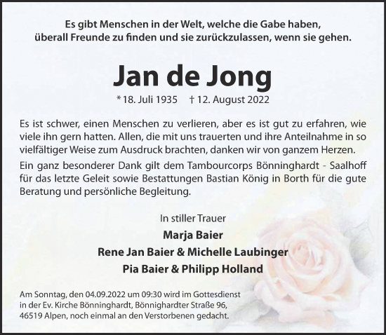 Traueranzeige von Jan de Jong 
