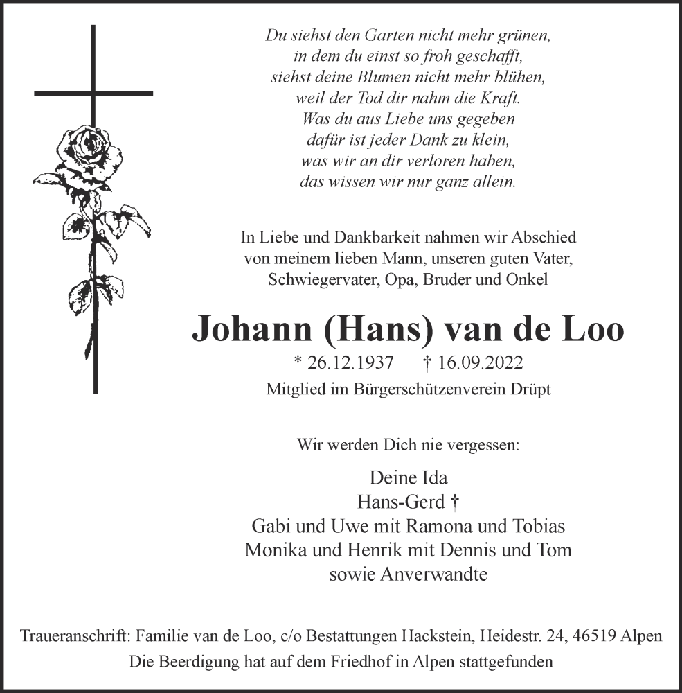  Traueranzeige für Johann van de Loo vom 24.09.2022 aus 