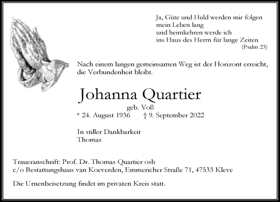 Traueranzeige von Johanna Quartier 