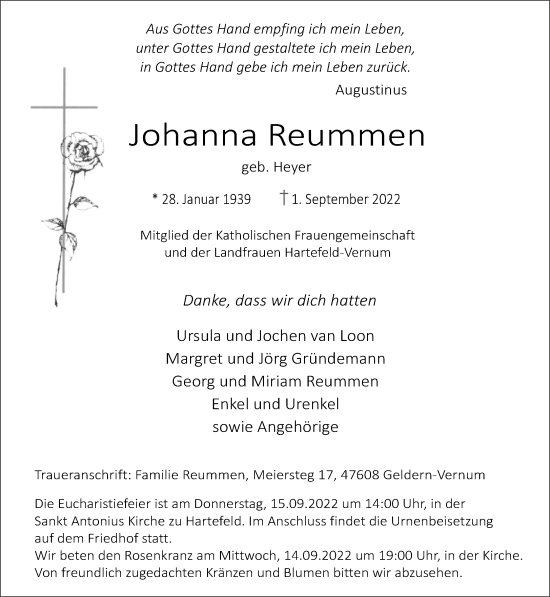 Traueranzeige von Johanna Reummen 