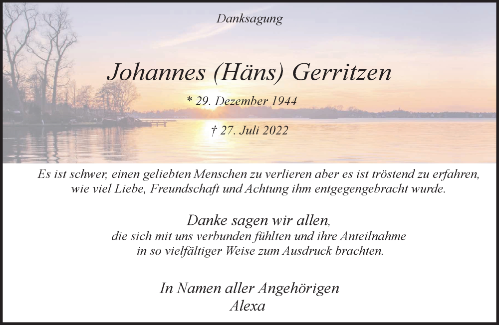  Traueranzeige für Johannes Gerritzen vom 24.09.2022 aus 