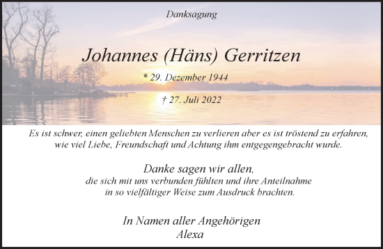 Traueranzeige von Johannes Gerritzen 