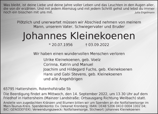 Traueranzeige von Johannes Kleinekoenen 