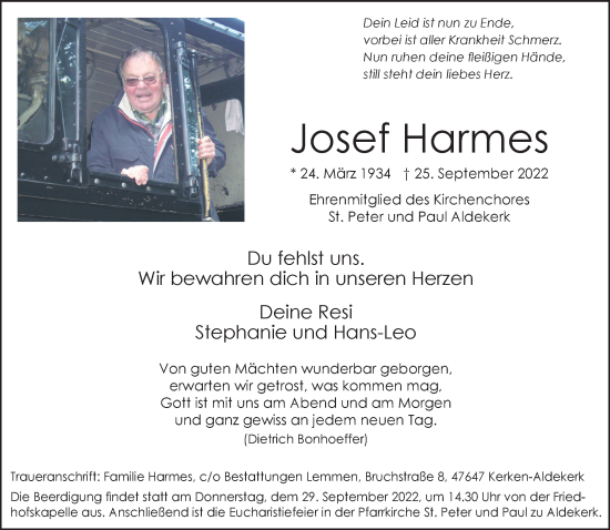 Traueranzeige von Josef Harmes 