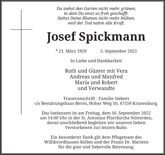 Traueranzeige von Josef Spickmann 