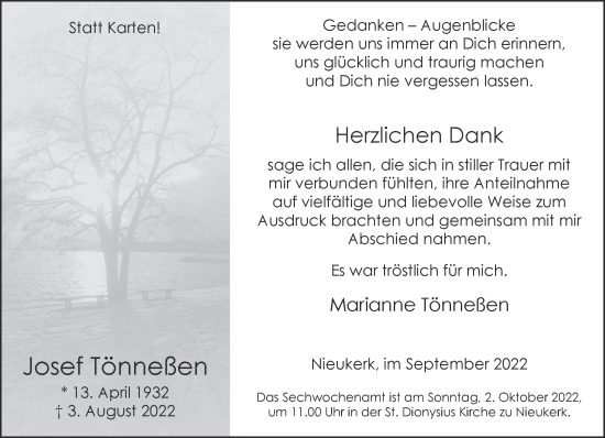 Traueranzeige von Josef Tönneßen 