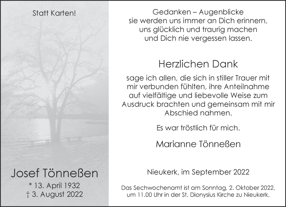  Traueranzeige für Josef Tönneßen vom 24.09.2022 aus 