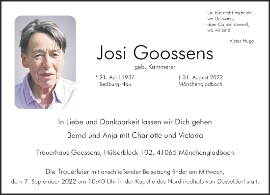 Traueranzeige von Josi Goossens 
