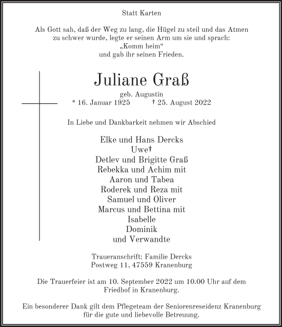 Traueranzeige von Juliane Graß 