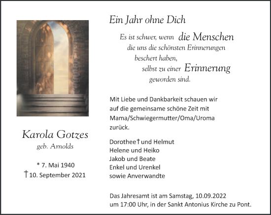 Traueranzeige von Karola Gotzes 