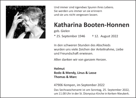 Traueranzeige von Katharina Booten-Honnen 