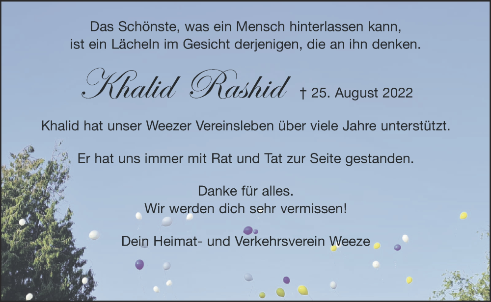  Traueranzeige für Khalid Rashid vom 14.09.2022 aus 