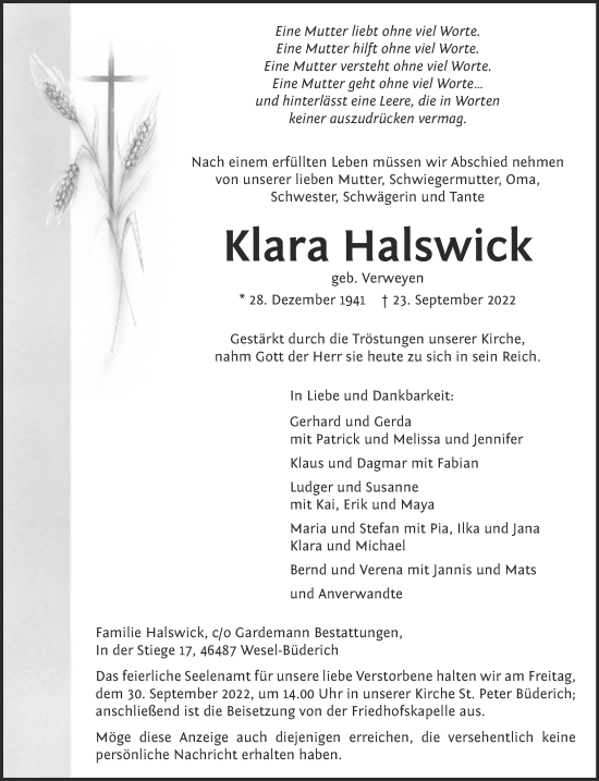 Traueranzeige von Klara Halswick 