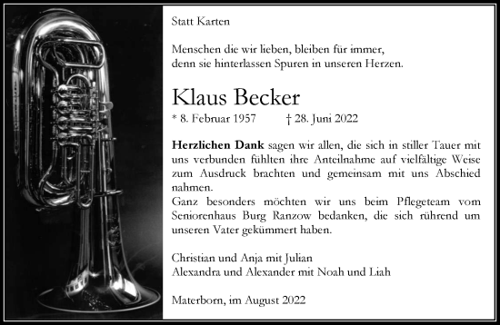 Traueranzeige von Klaus Becker 