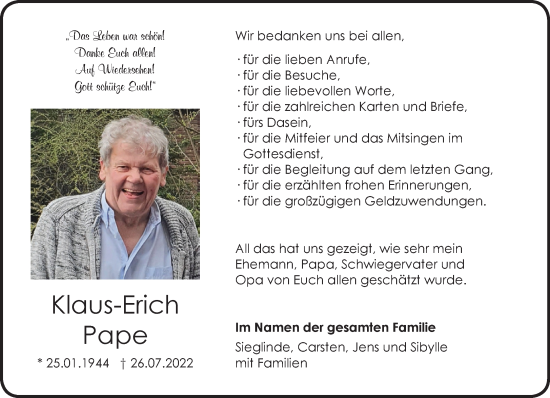 Traueranzeige von Klaus-Erich Pape 