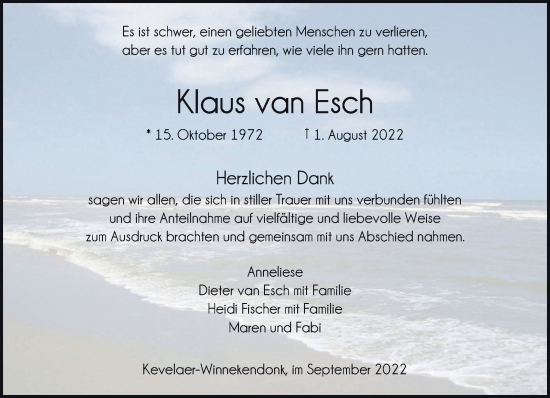 Traueranzeige von Klaus van Esch 