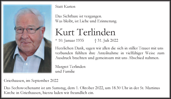 Traueranzeige von Kurt Terlinden 