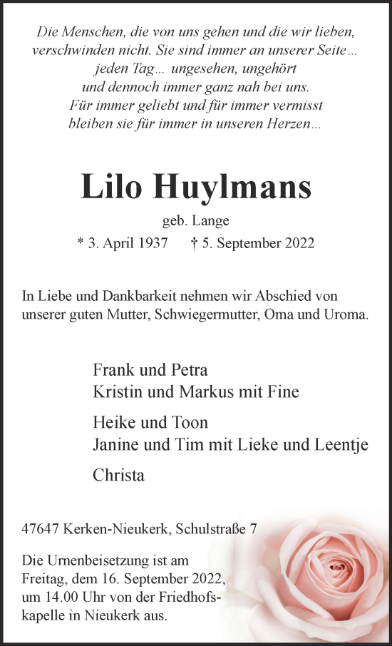 Traueranzeige von Lilo Huylmans 