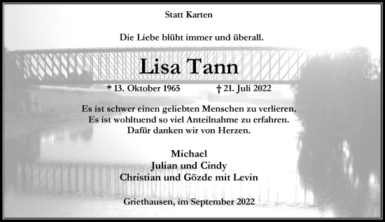 Traueranzeige von Lisa Tann 