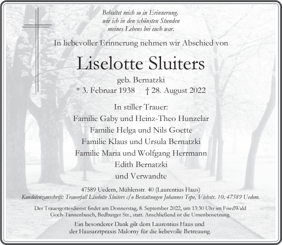 Traueranzeige von Liselotte Sluiters 