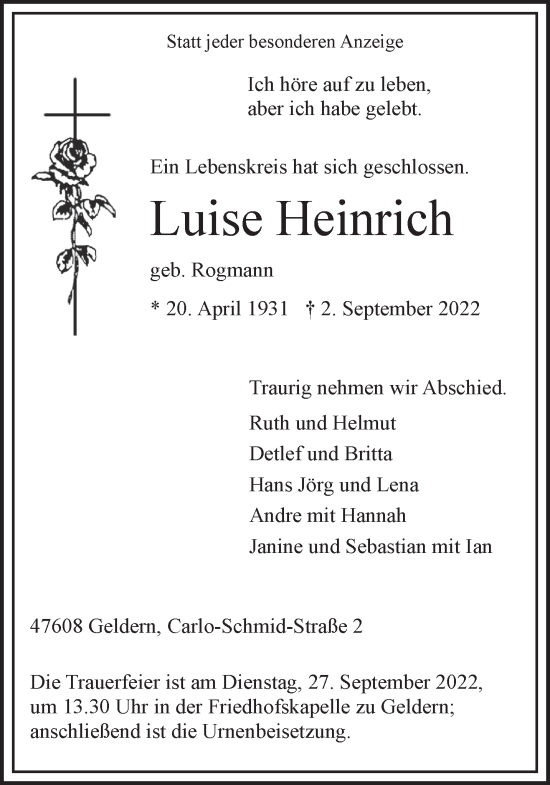 Traueranzeige von Luise Heinrich 