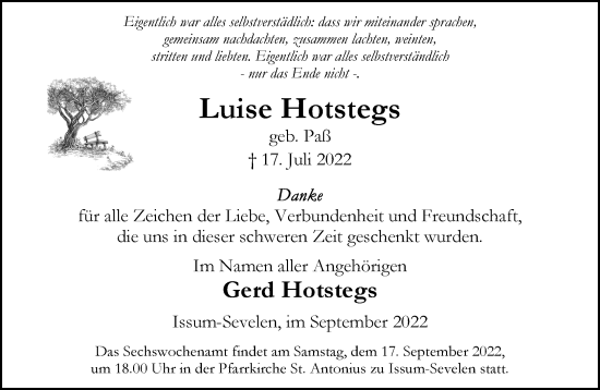 Traueranzeige von Luise Hotstegs 