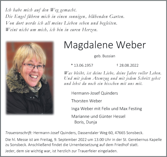 Traueranzeige von Magdalene Weber 