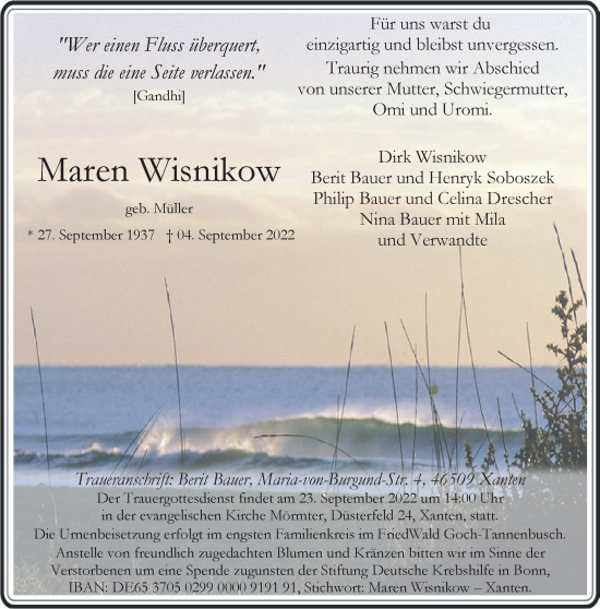 Traueranzeige von Maren Wisnikow 