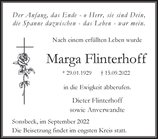 Traueranzeige von Marga Flinterhoff 