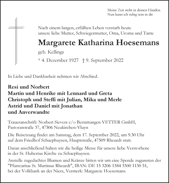 Traueranzeige von Margarete Katharina Hoesemans 
