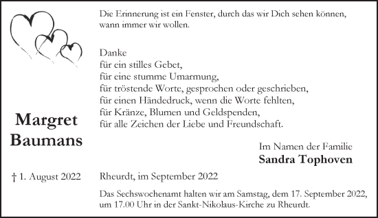 Traueranzeige von Margret Baumans 