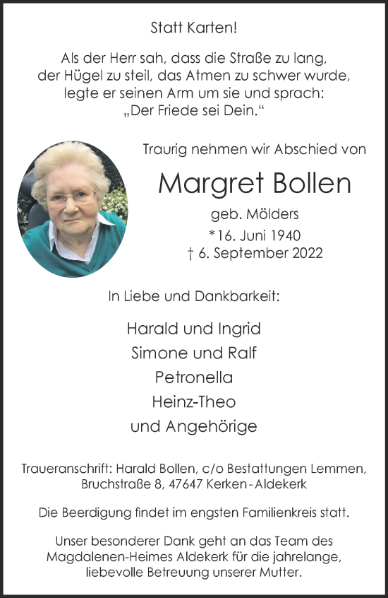 Traueranzeige von Margret Bollen 