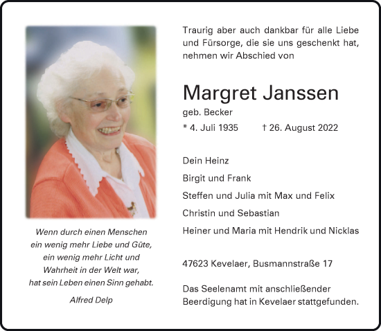 Traueranzeige von Margret Janssen 