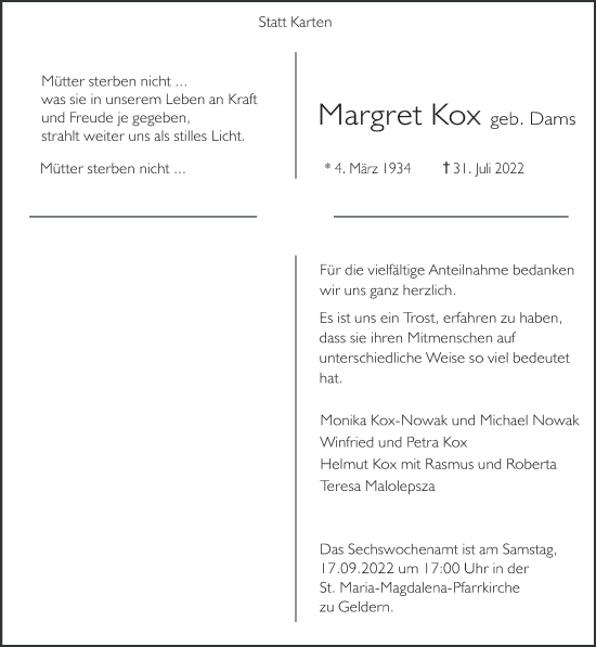 Traueranzeige von Margret Kox 