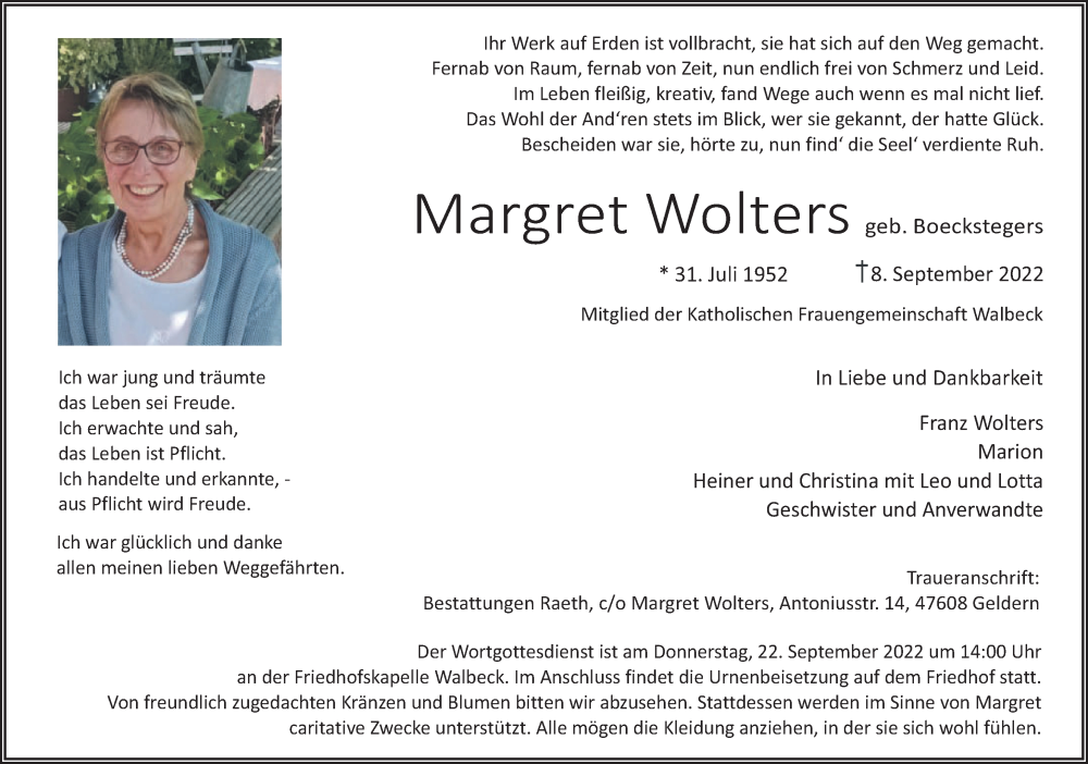  Traueranzeige für Margret Wolters vom 17.09.2022 aus 