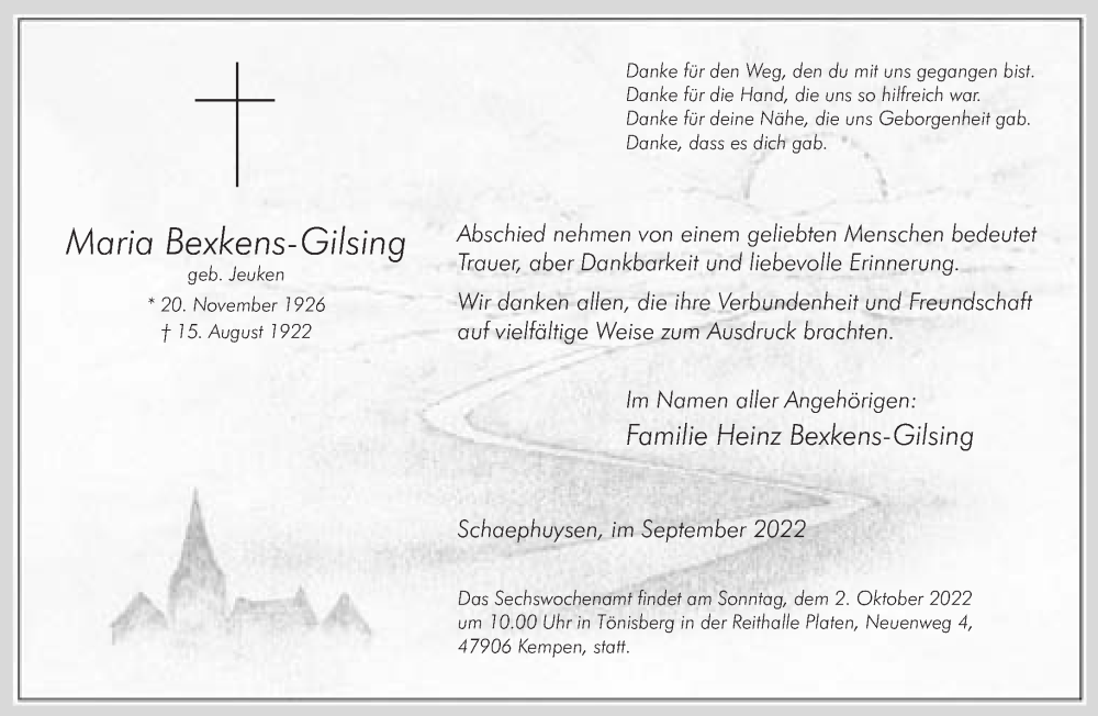  Traueranzeige für Maria Bexkens-Gilsing vom 24.09.2022 aus 