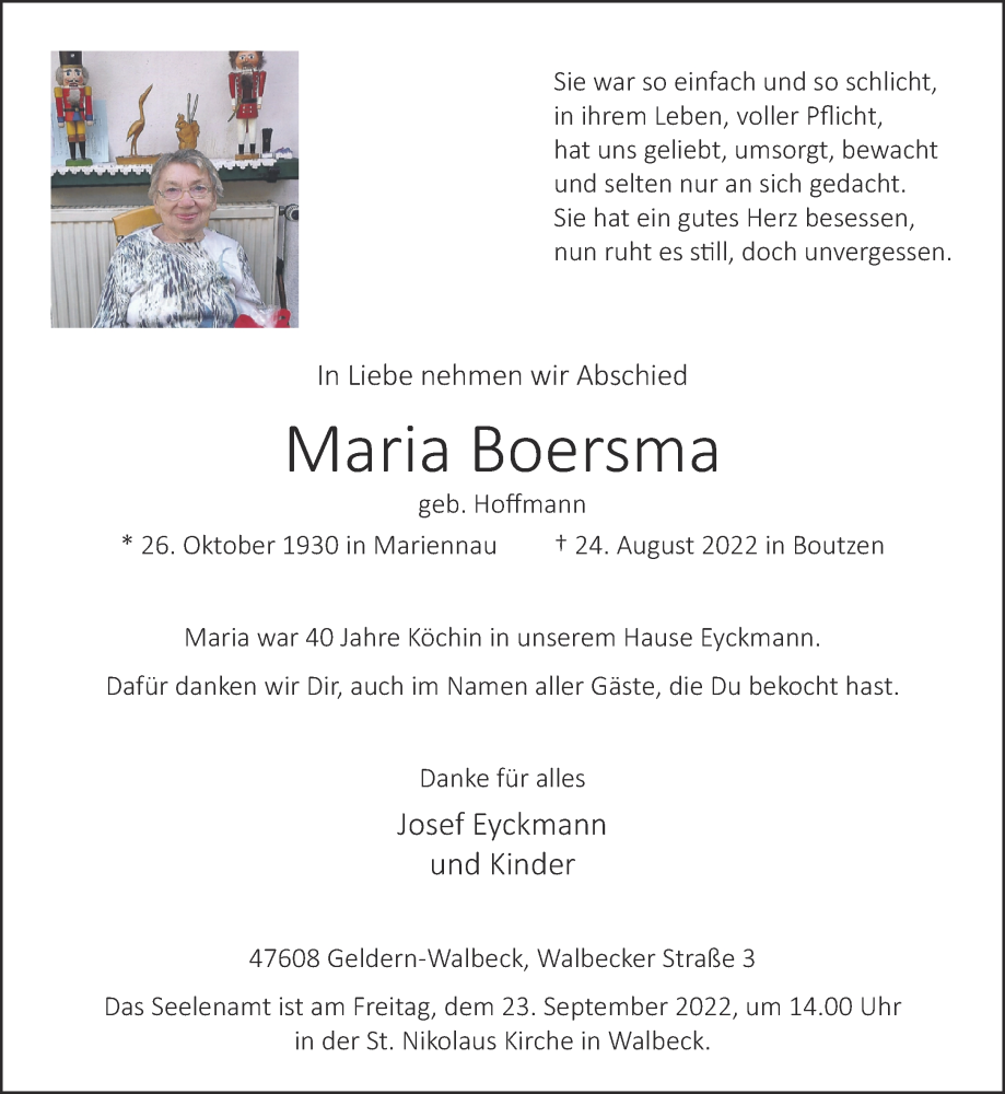  Traueranzeige für Maria Boersma vom 17.09.2022 aus 